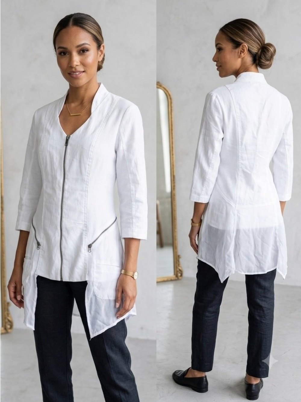 White Longline Zip-Front Tunic with Layered Hem